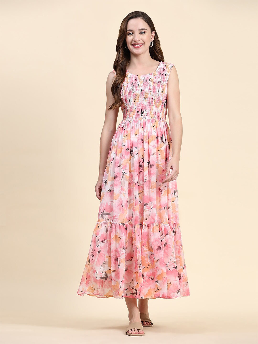 

TOOCHKI Floral Printed Smocked & Tiered Georgette Midi Fit & Flare Dress, Pink