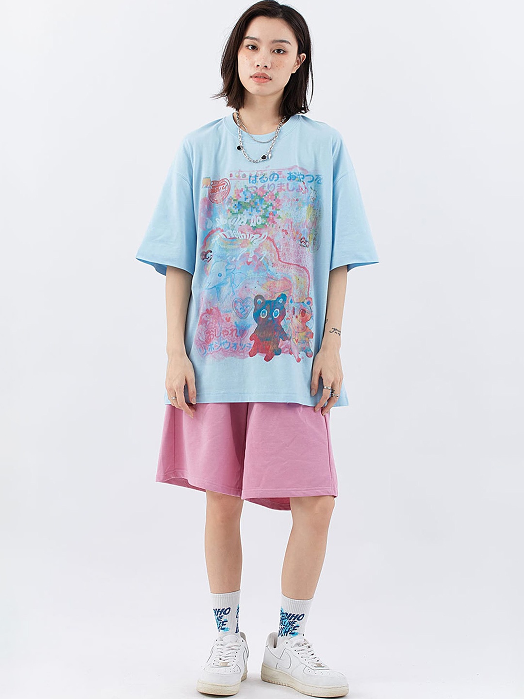 

LULU & SKY Graphic Printed Drop-Shoulder Sleeves Pure Cotton Boxy T-shirt, Blue