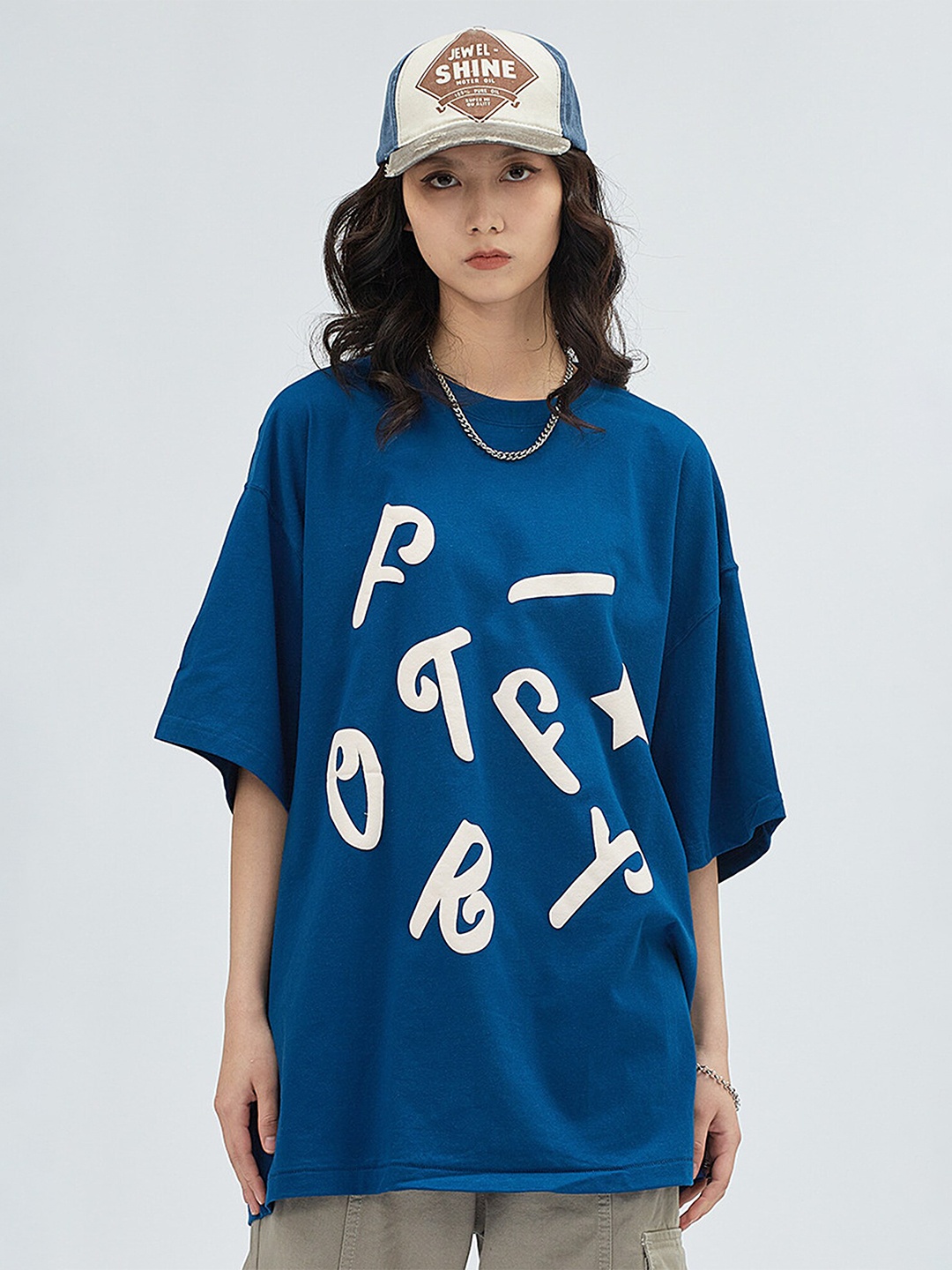 

LULU & SKY Typography Printed Cotton Longline T-shirt, Blue