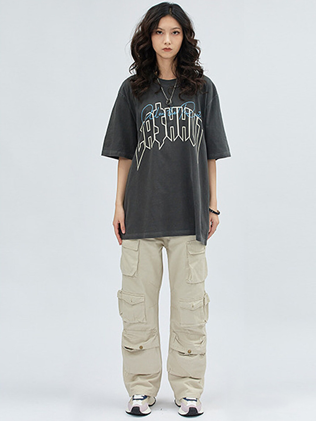 

LULU & SKY Typography Printed Drop-Shoulder Sleeves Pure Cotton Boxy T-shirt, Grey