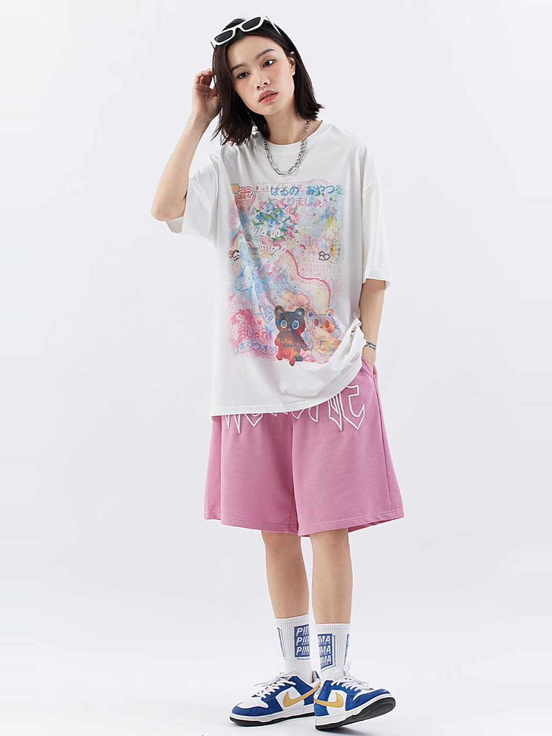 

LULU & SKY Graphic Printed Drop-Shoulder Sleeves Pure Cotton Boxy T-shirt, White
