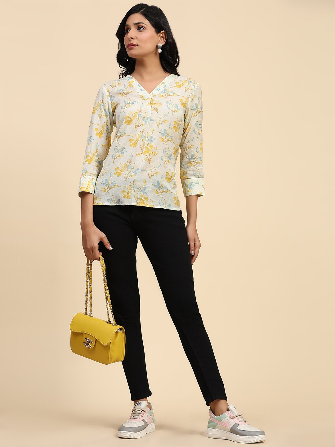 

BAESD Floral Printed V Neck Regular Cotton Top, Yellow