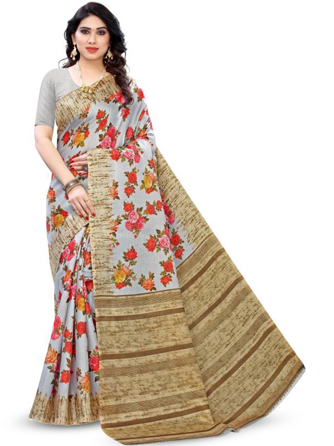 

KALINI Floral Printed Silk Cotton Kanjeevaram Saree, Grey
