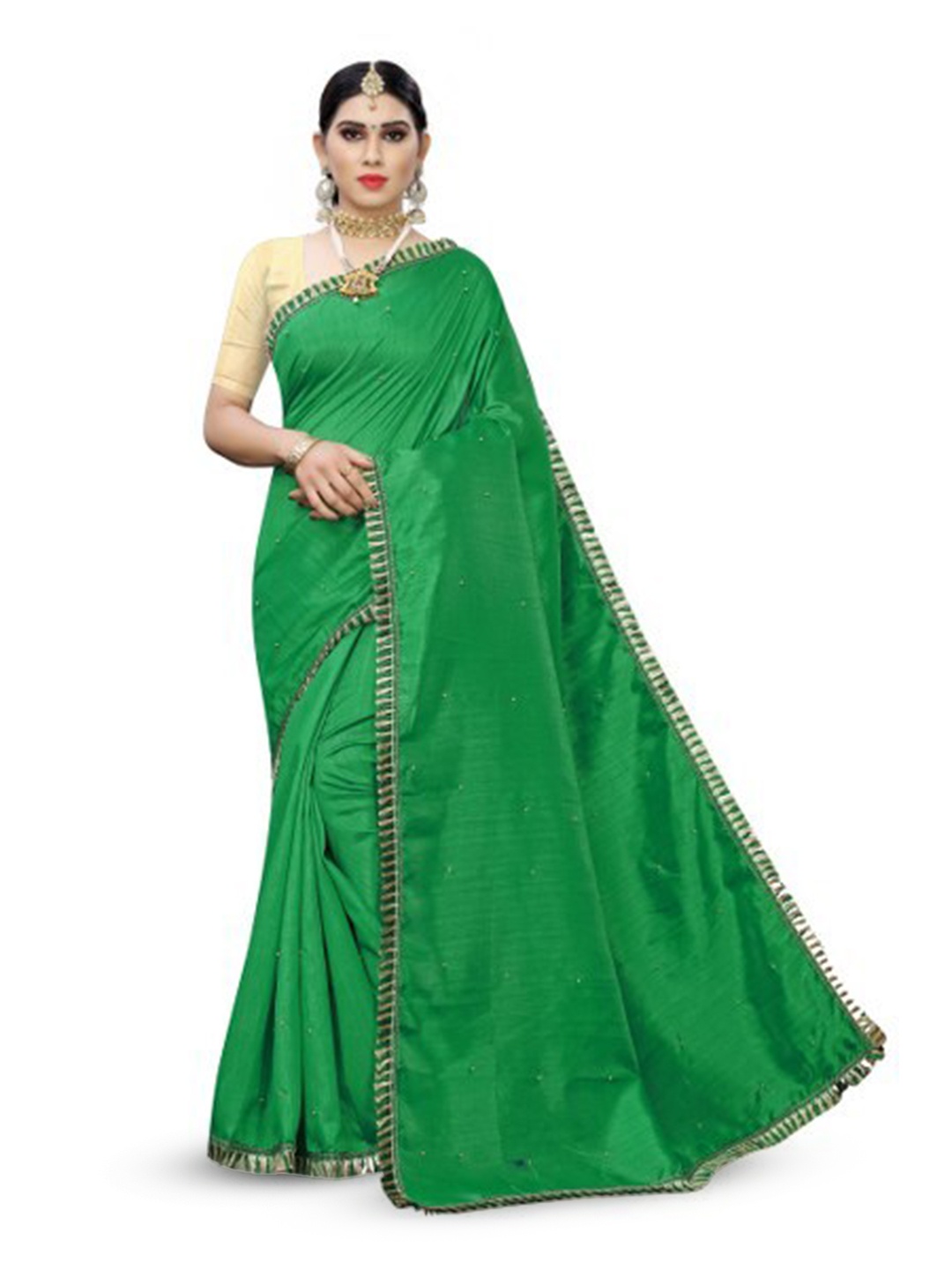 

KALINI Silk Cotton Embellished Kanjeevaram Saree, Green