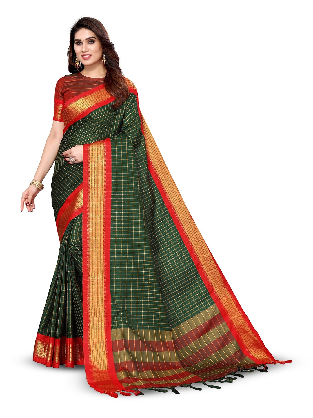 

KALINI Checked Zari Silk Cotton Kanjeevaram Saree, Green