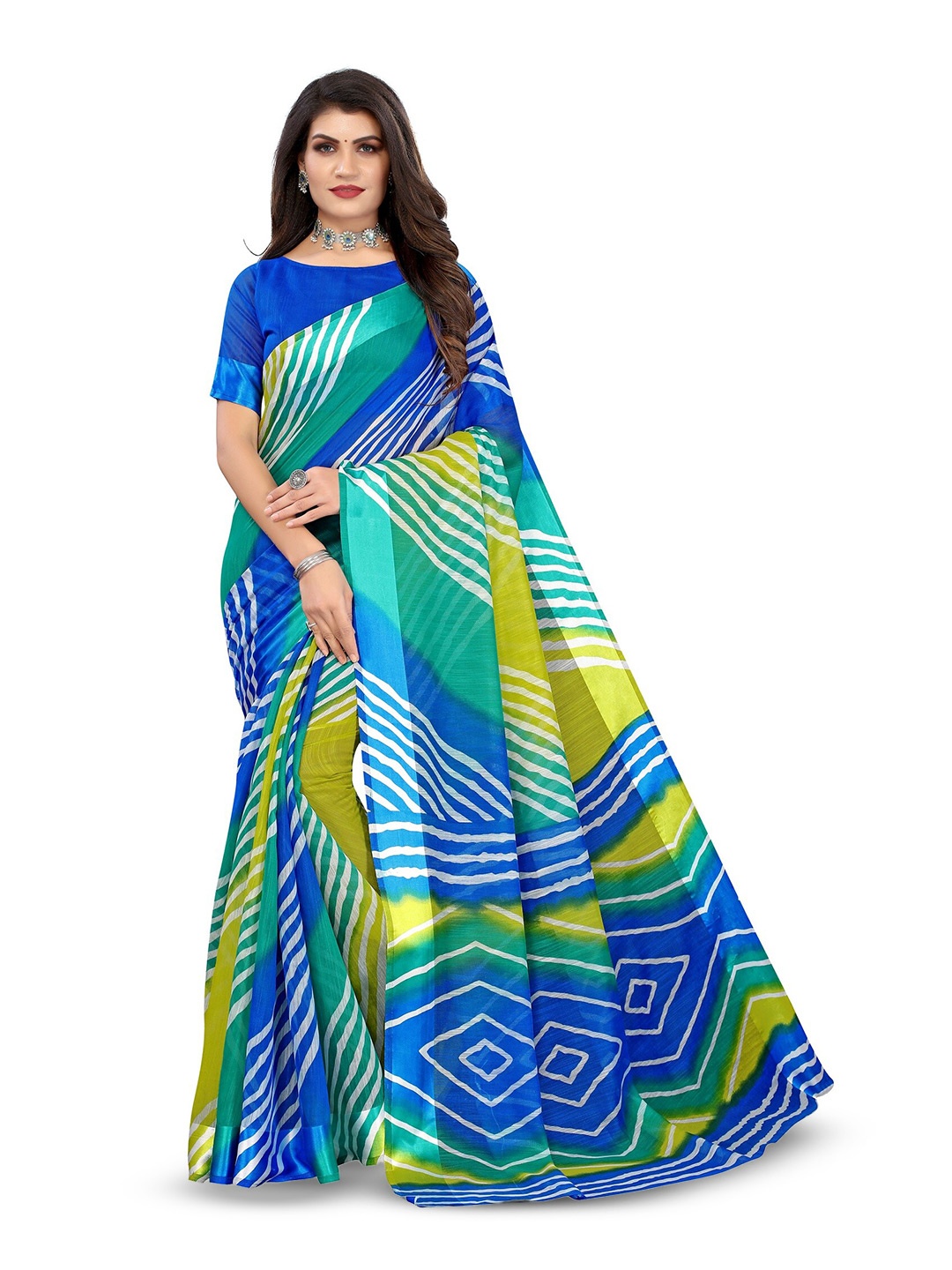 

KALINI Geometric Printed Silk Cotton Kanjeevaram Saree, Blue