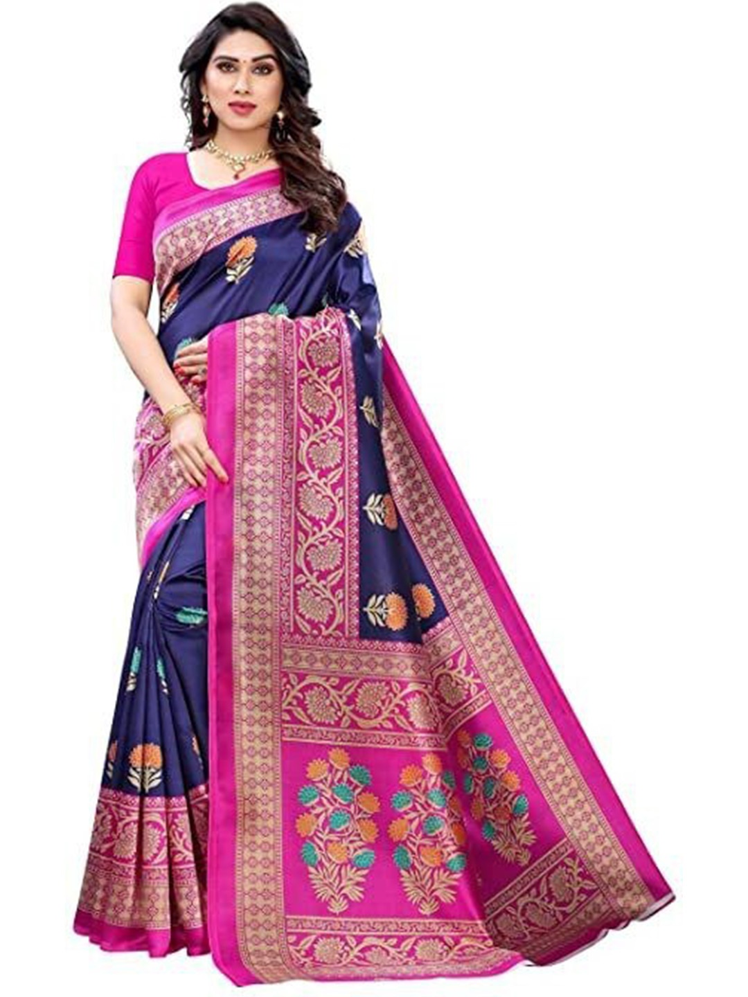 

KALINI Ethnic Motifs Woven Design Zari Silk Cotton Kanjeevaram Saree, Navy blue