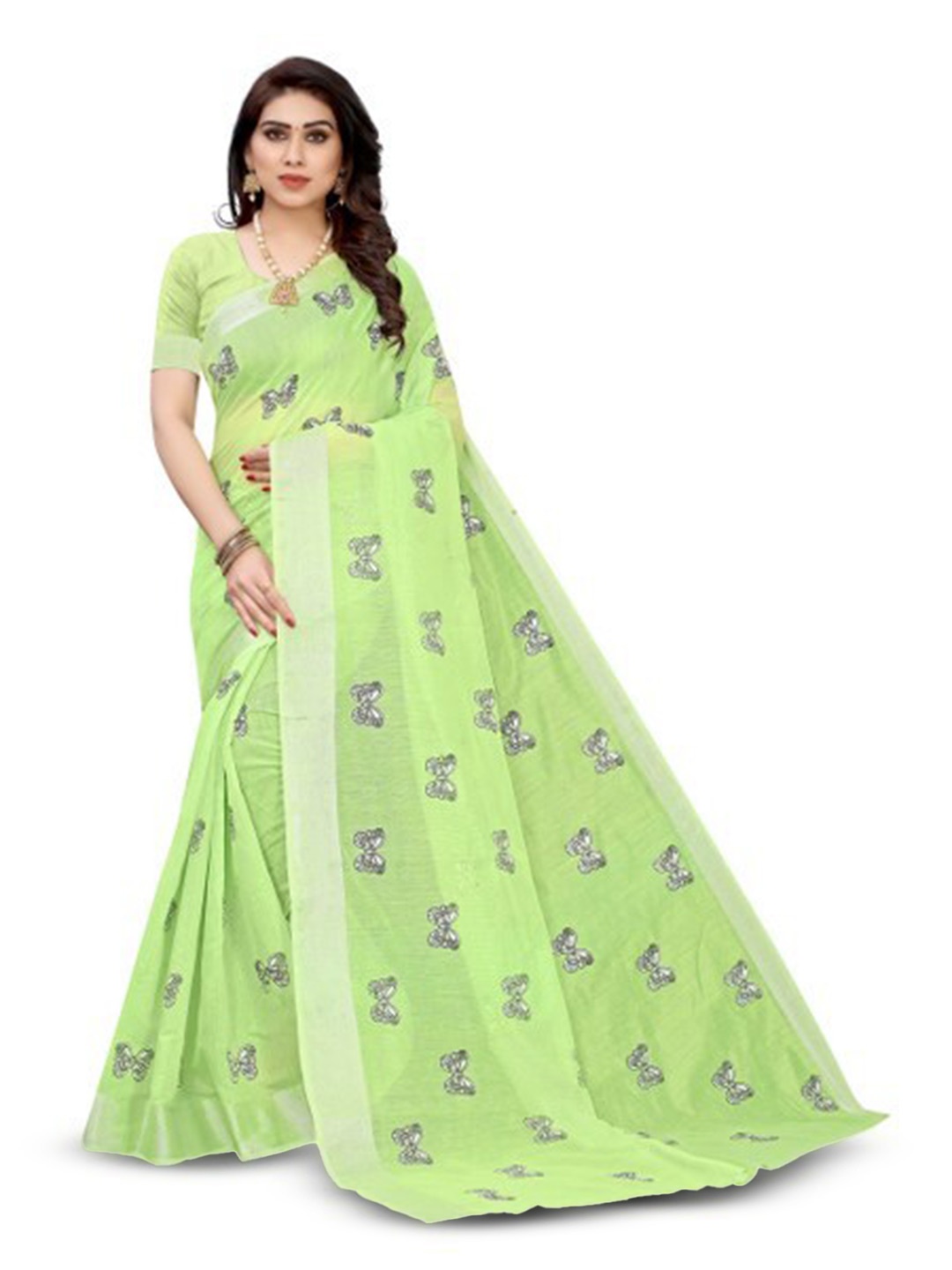 

KALINI Geometric Silk Cotton Chanderi Zari Saree, Green