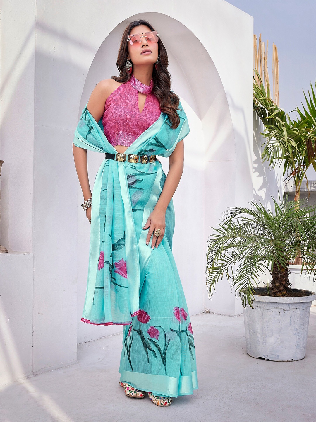 

KALINI Floral Printed Silk Cotton Kanjeevaram Saree, Blue