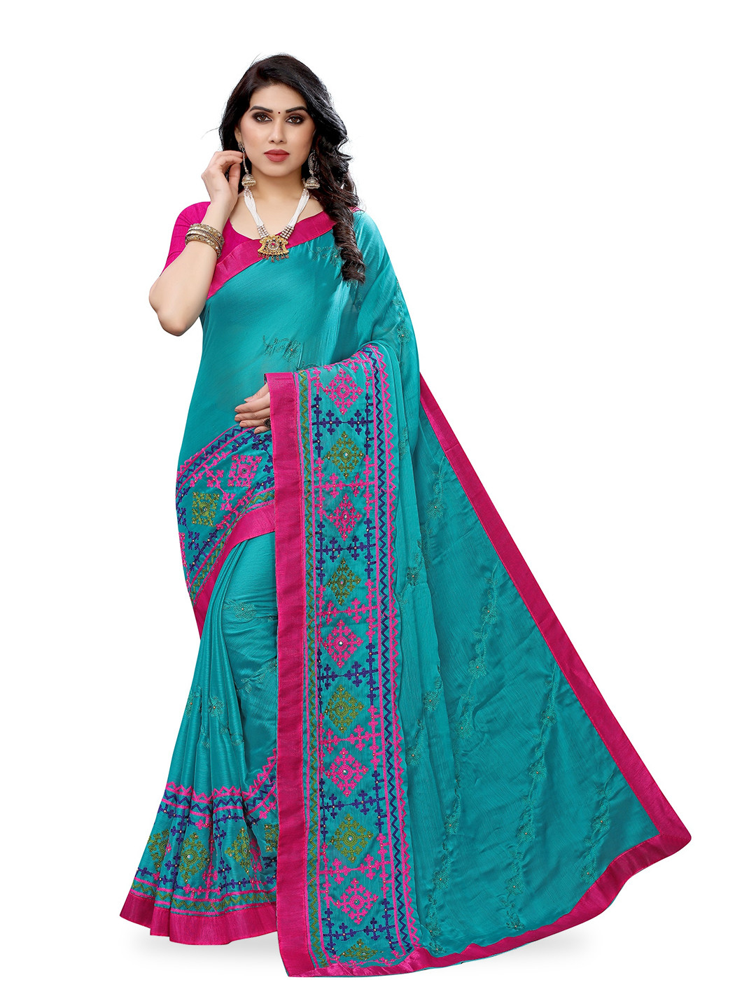 

KALINI Geometric Embroidered Kanjeevaram Saree, Teal