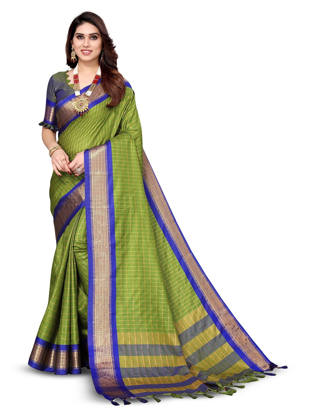 

KALINI Checked Zari Silk Cotton Kanjeevaram Saree, Green