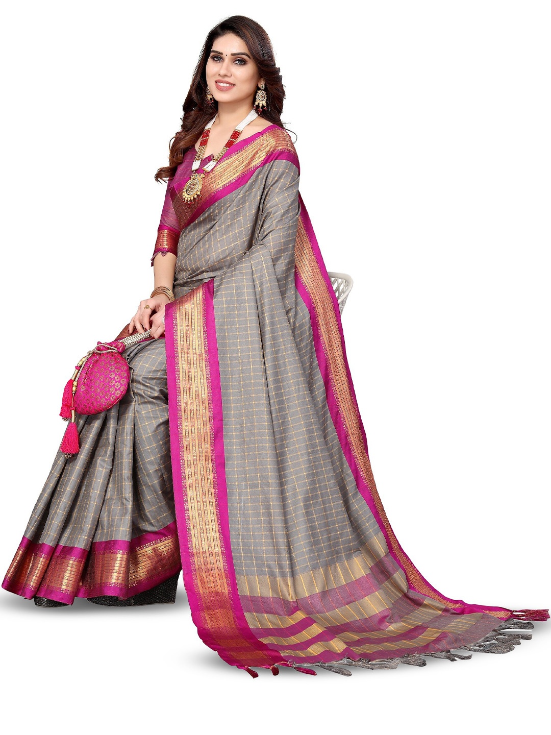 

KALINI Checked Zari Silk Cotton Kanjeevaram Saree, Grey