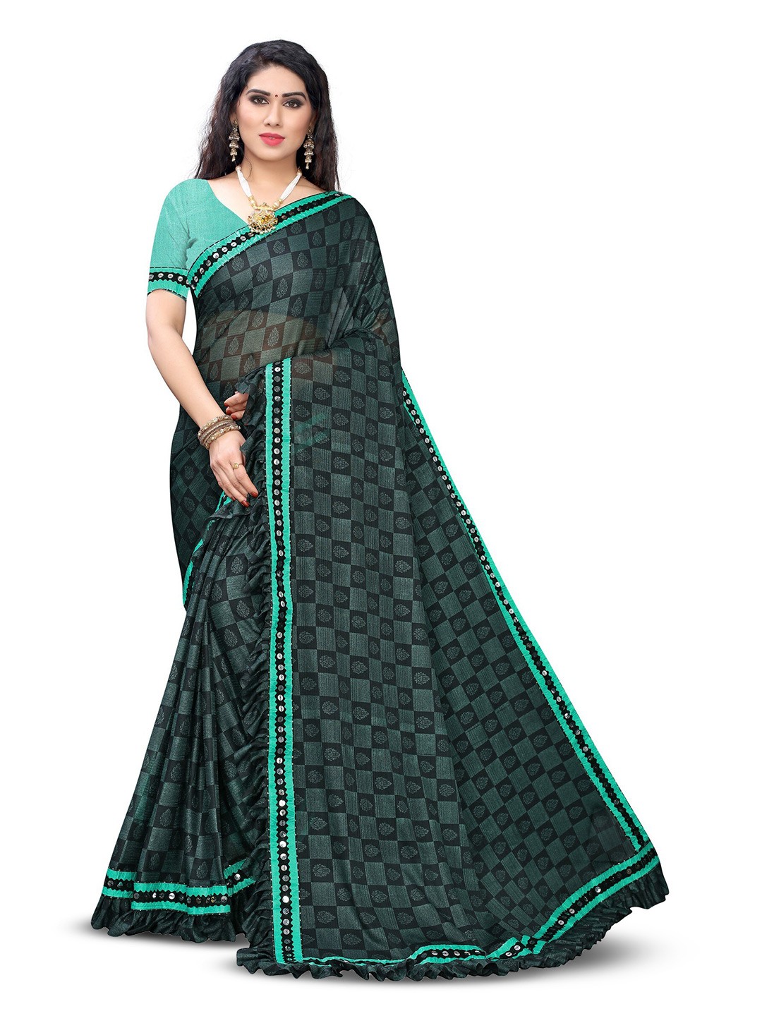 

KALINI Geometric Printed Embellished Silk Cotton Kanjeevaram Saree, Green