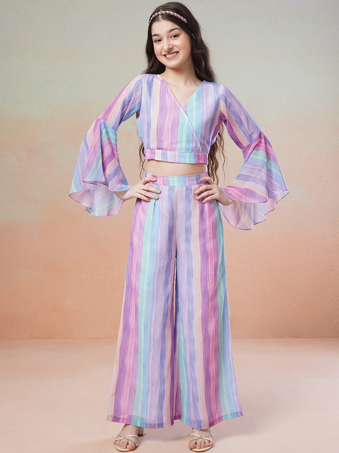 

Inddus Girls Striped Top with Trousers, Purple