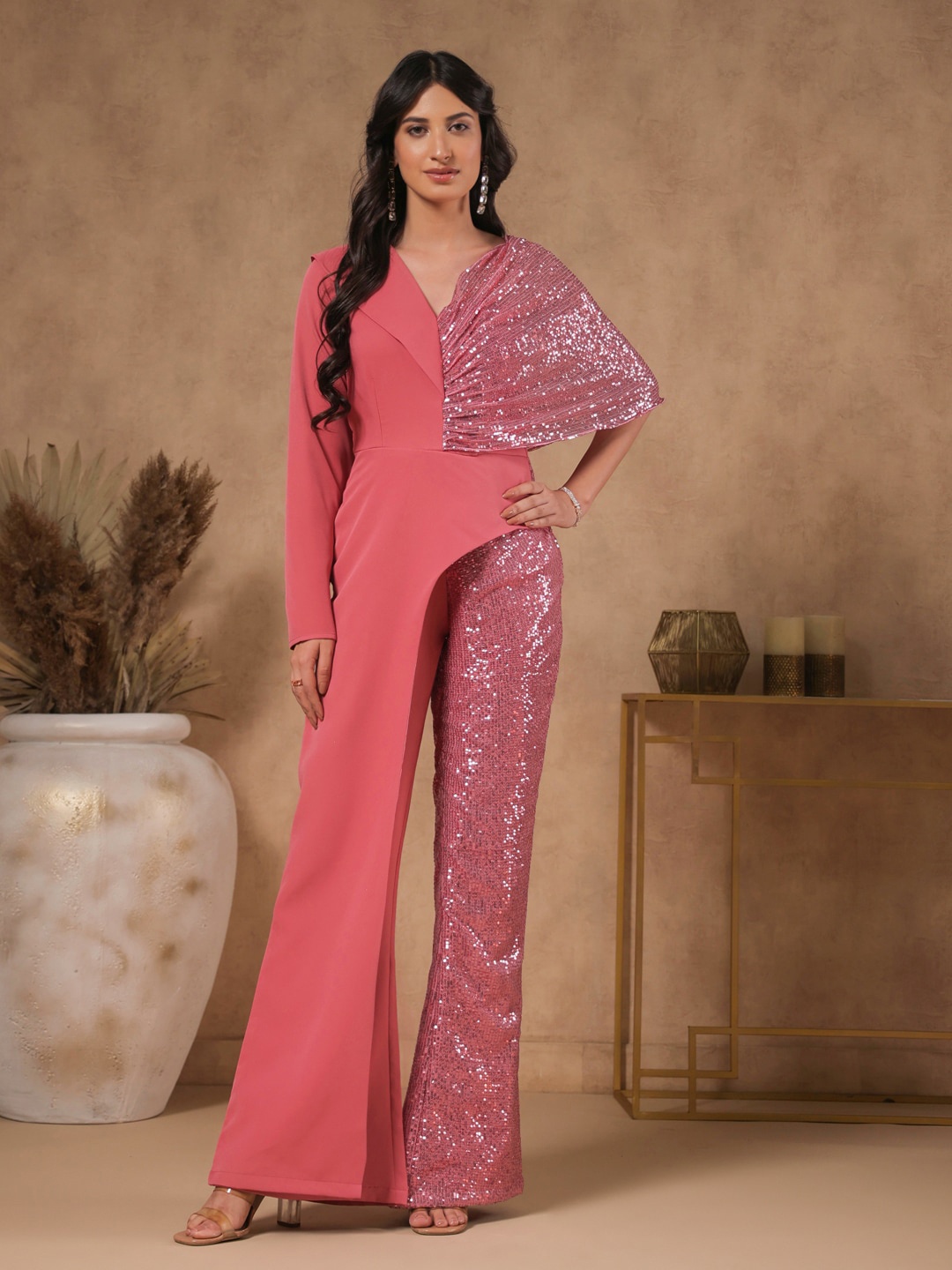 

B'Infinite Embellished V-Neck Long Sleeves Basic Jumpsuit, Pink