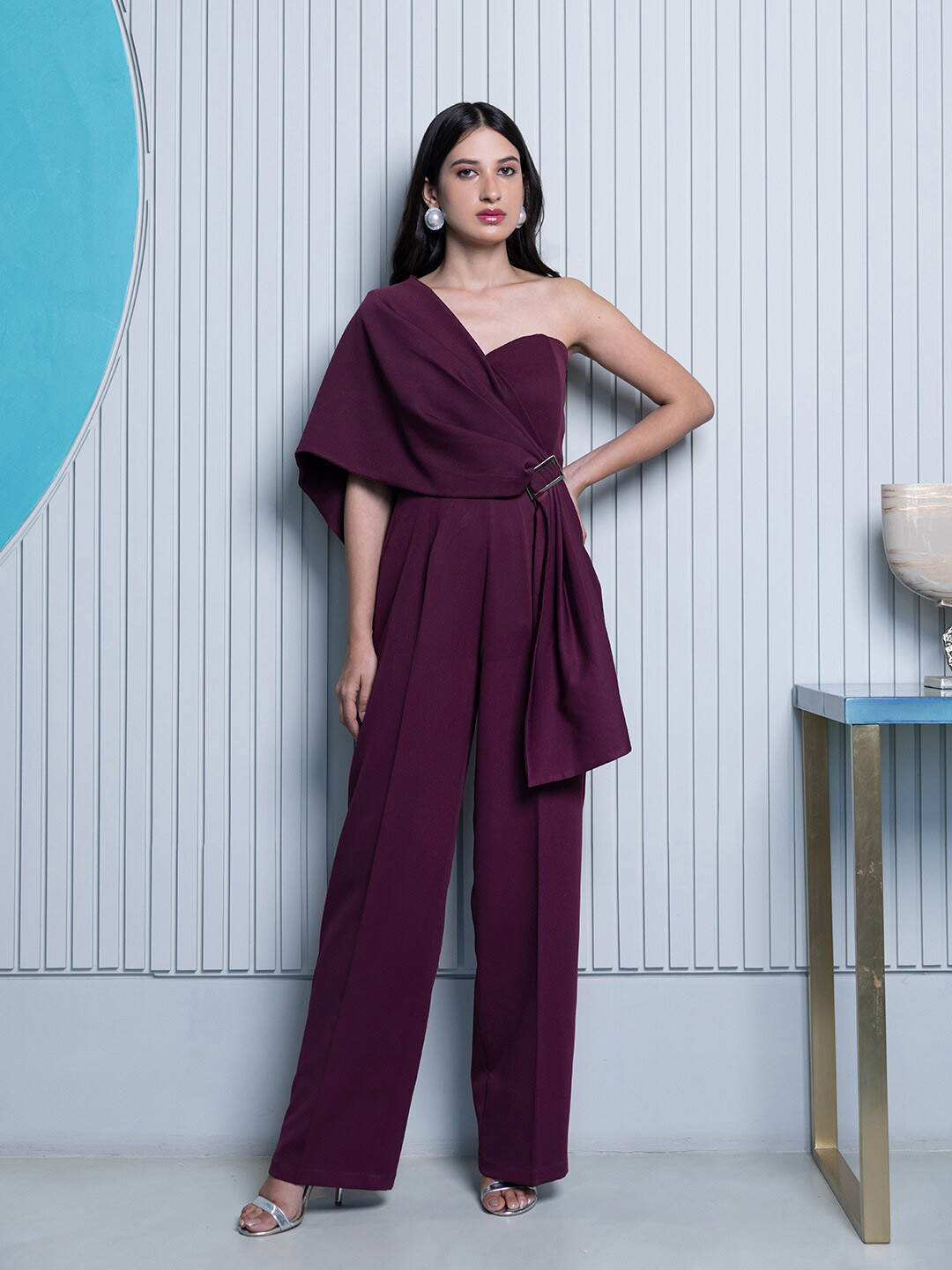 

B'Infinite One Shoulders Pleated Basic Jumpsuit, Burgundy
