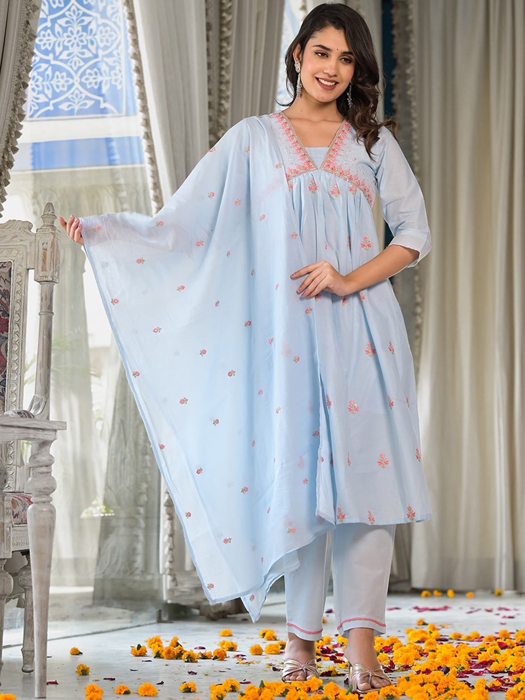 

Varanga Floral Embroidered Empire Sequinned Pure Cotton Kurta with Trousers & Dupatta, Blue