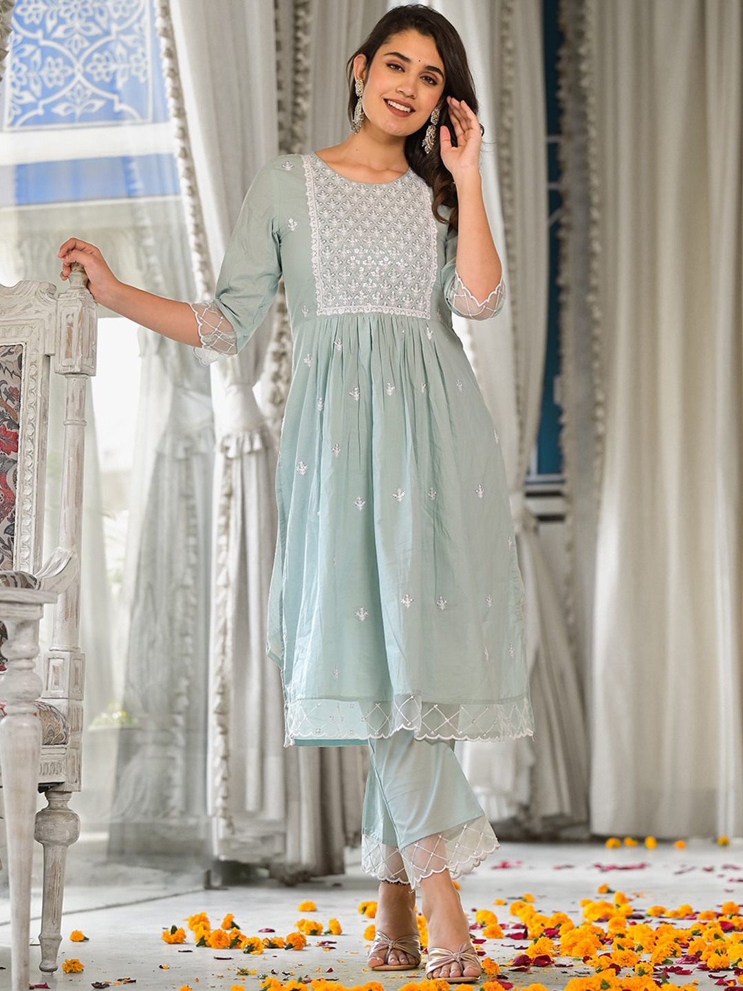 

Varanga Embroidered Sequinned Pure Cotton Kurta With Trousers & Dupatta, Blue