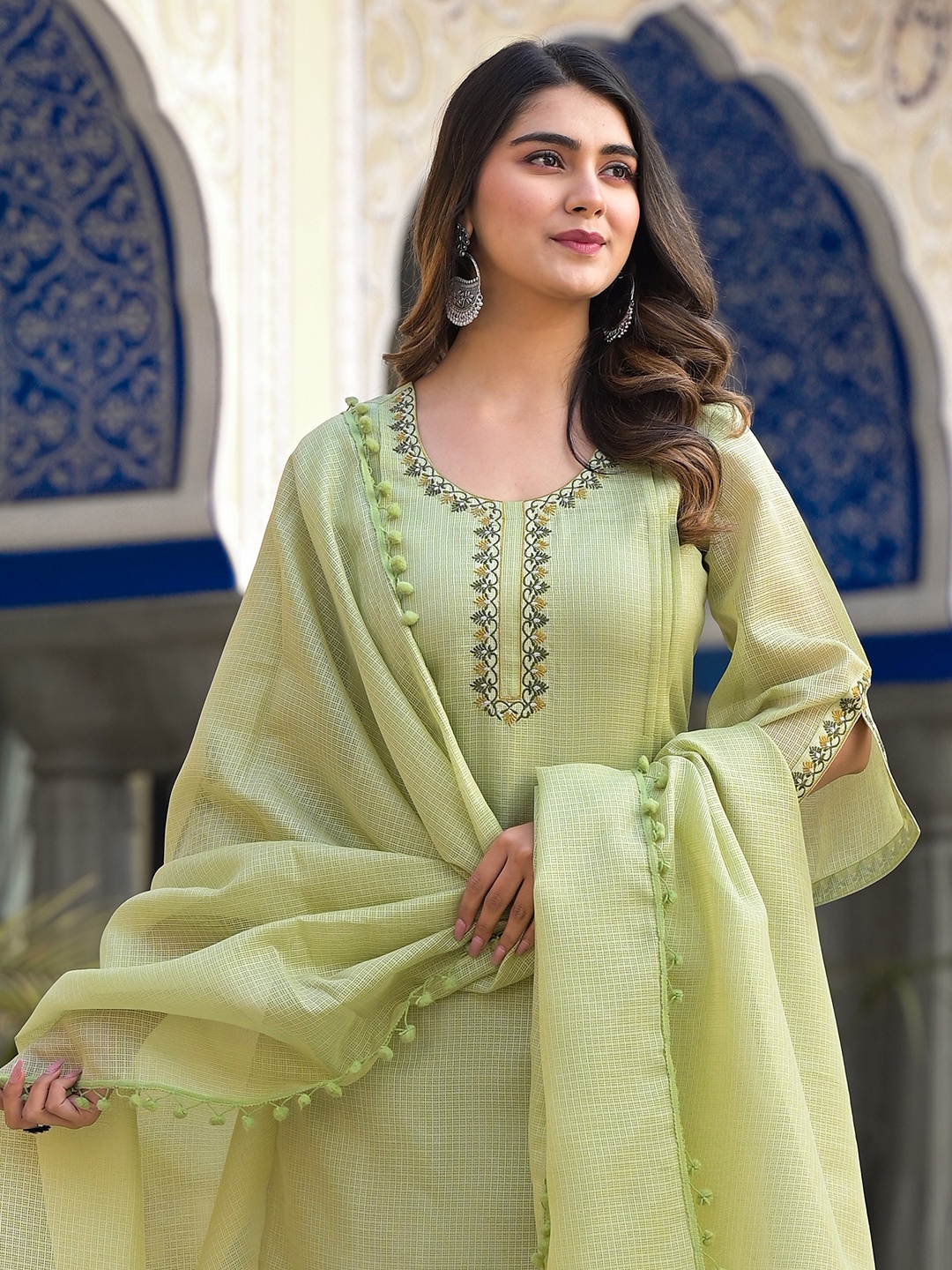 

Varanga Women Floral Embroidered Regular Thread Work Kurta with Trousers & With Dupatta, Lime green