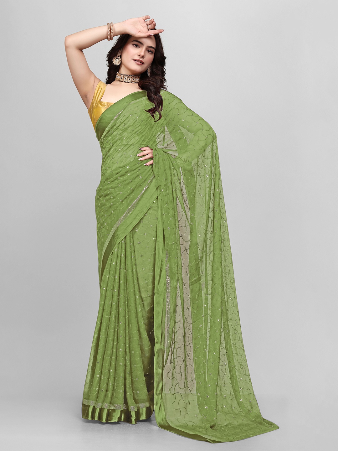 

Avojee Embellished Sequinned Saree, Olive