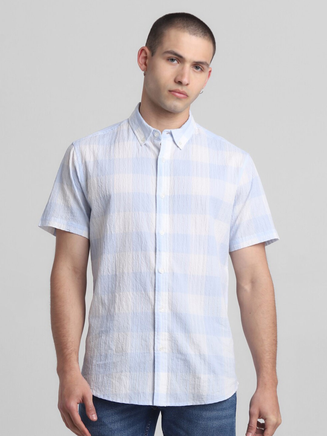 

Jack & Jones Opaque Self Design Checked Cotton Casual Shirt, Blue