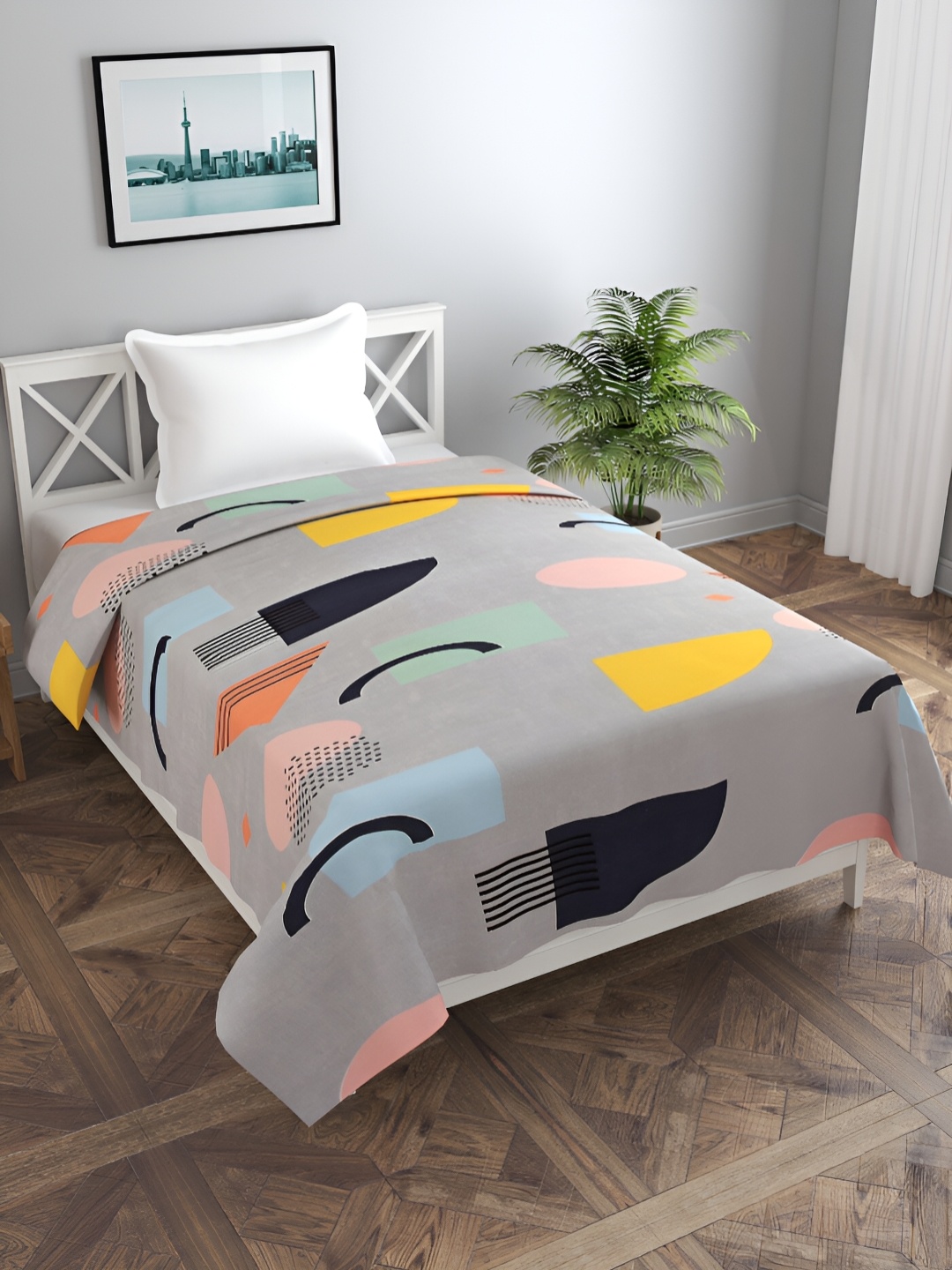 

MORADO Grey & Yellow Printed Cotton Single Duvet Cover