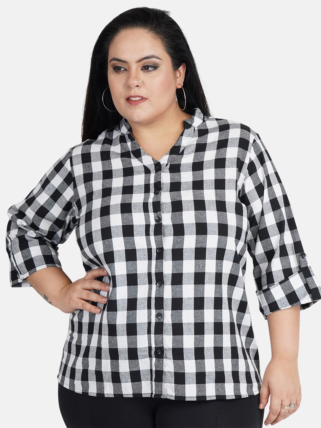 

Indietoga Plus Size Classic Gingham Checked Cotton Formal Shirt, Black