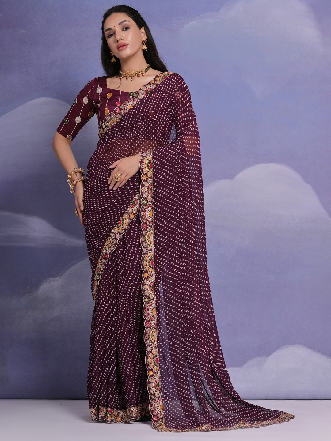 

Mitera Bandhani Printed Embroidered Pure Georgette Saree, Purple