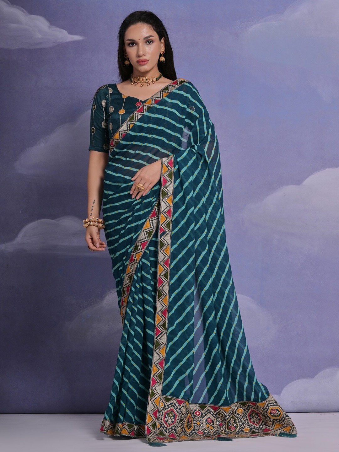 

Mitera Leheriya Printed Embroidered Pure Georgette Saree, Teal