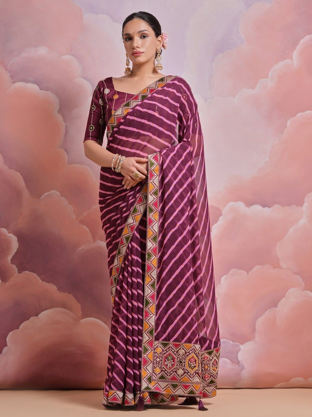 

Mitera Leheriya Printed Embroidered Pure Georgette Saree, Purple