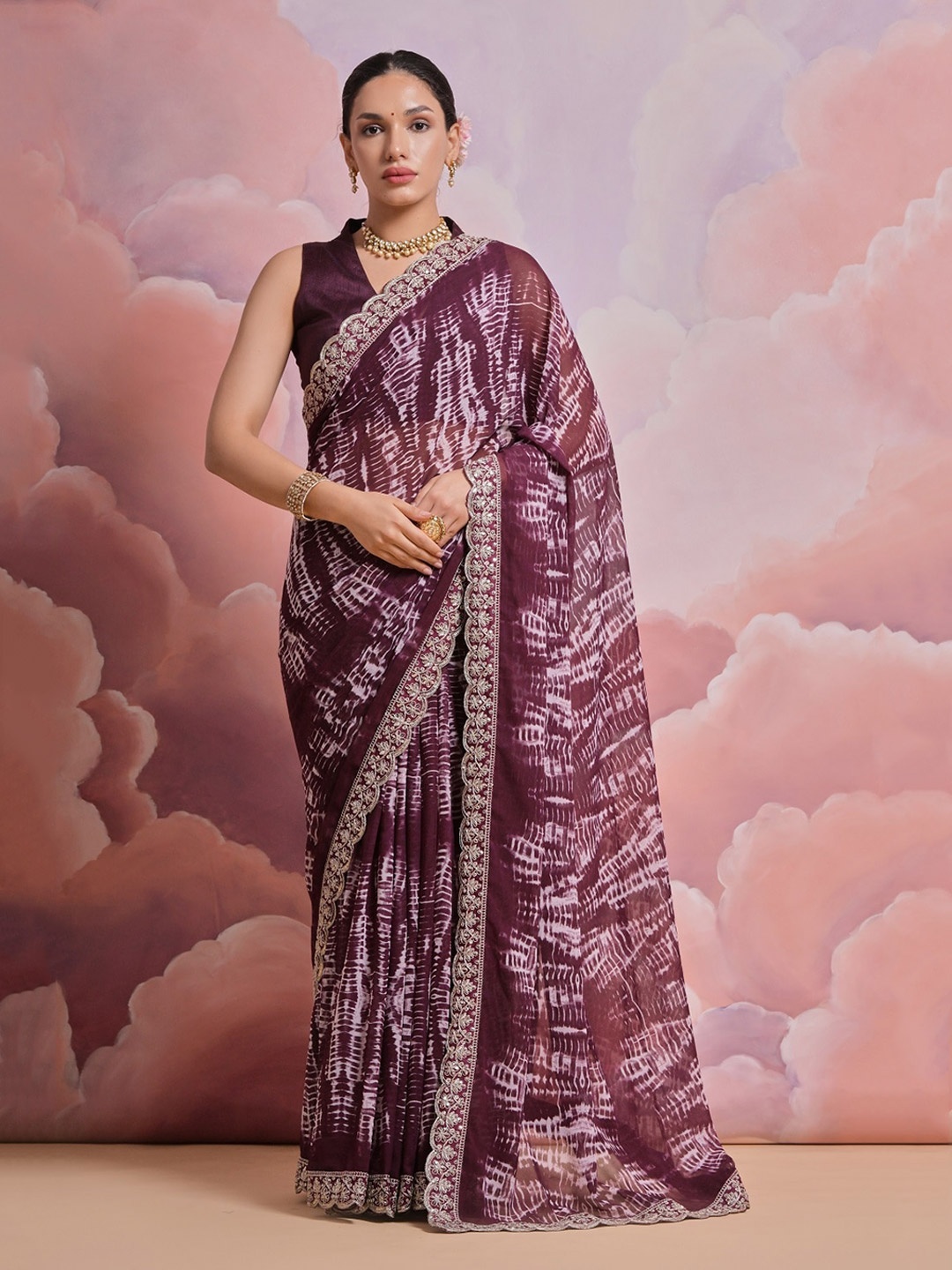 

Mitera Tie and Dye Printed Embroidered Pure Georgette Saree, Purple