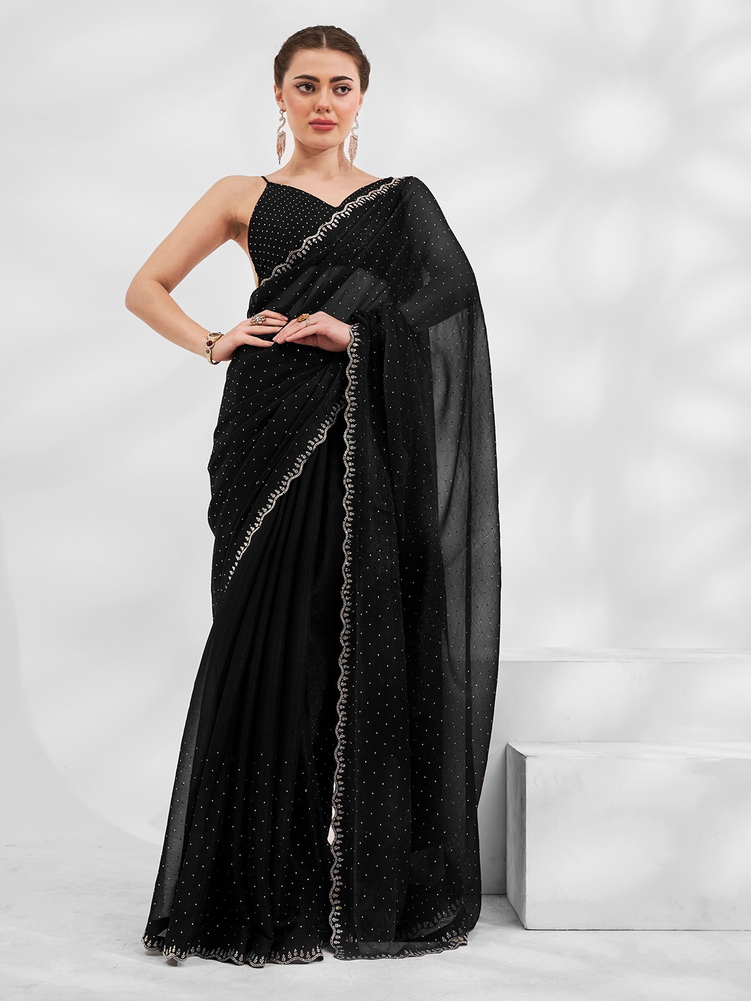 

Mitera Black Embellished Beads and Stones Pure Georgette Saree