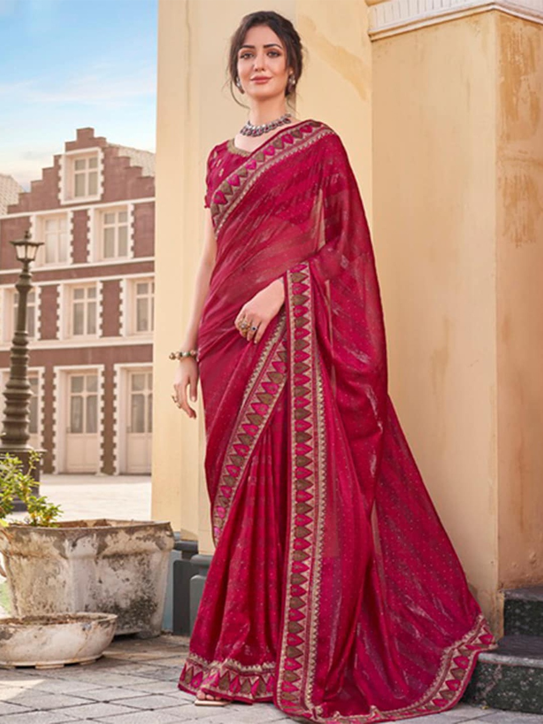 

Mitera Red Embellished Embroidered Pure Chiffon Saree