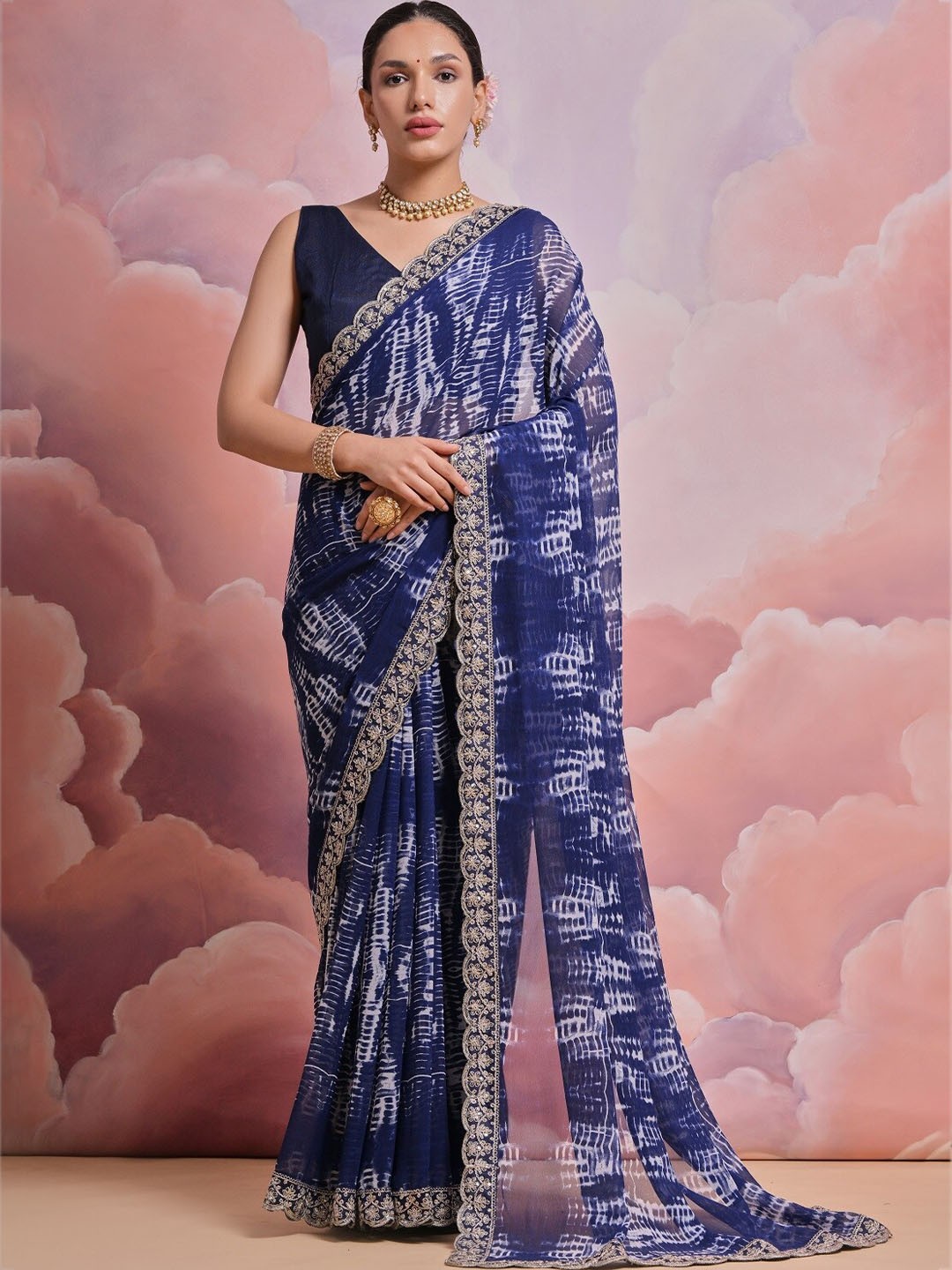 Mitera Tie and Dye Printed Embroidered Pure Georgette Saree, Blue