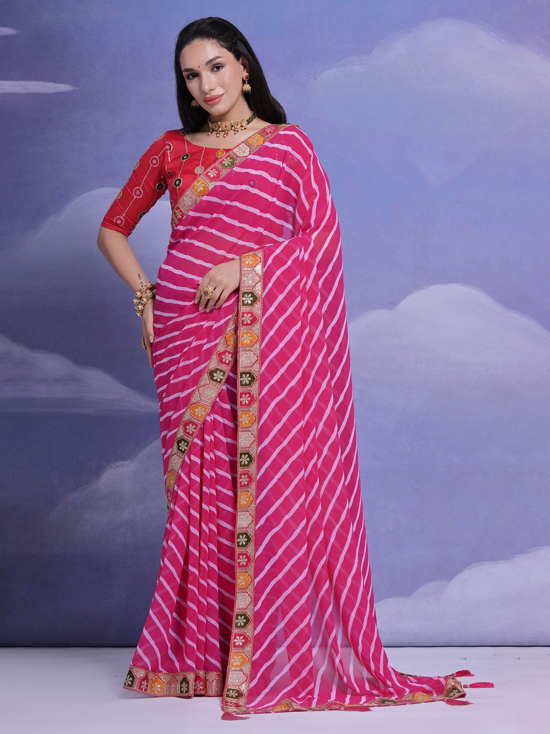 

Mitera Leheriya Printed Embroidered Pure Georgette Saree, Pink