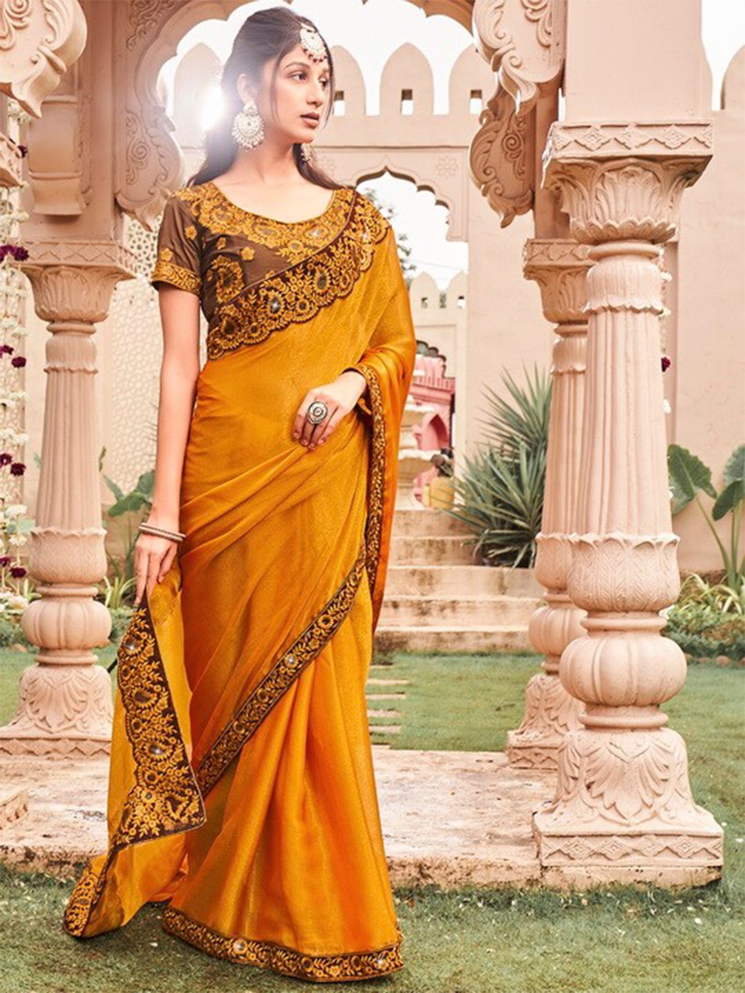 

Mitera Floral Embroidered Pure Chiffon Saree, Mustard