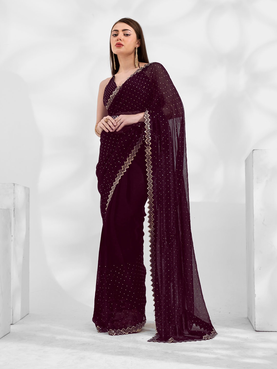 

Mitera Embellished Beads and Stones Pure Georgette Saree, Burgundy