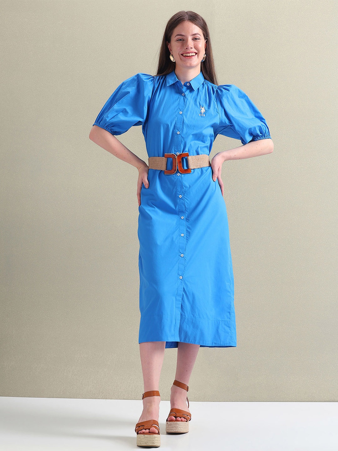

U.S. Polo Assn. Women Pure Cotton Puff Sleeve Shirt Midi Dress, Blue