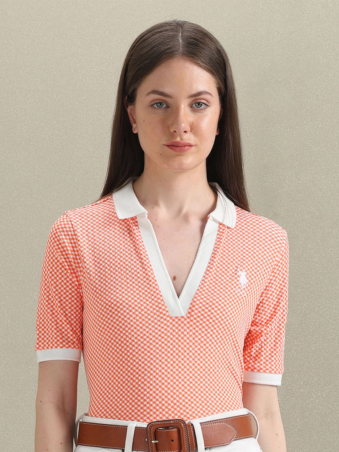 

U.S. Polo Assn. Women Geometric Self Design Open Placket Polo Collar T-shirt, Orange