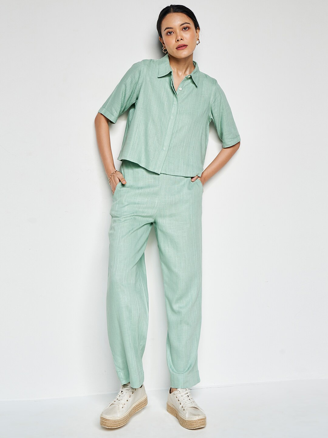 

AND Shirt Collar Shirt With Trousers, Green