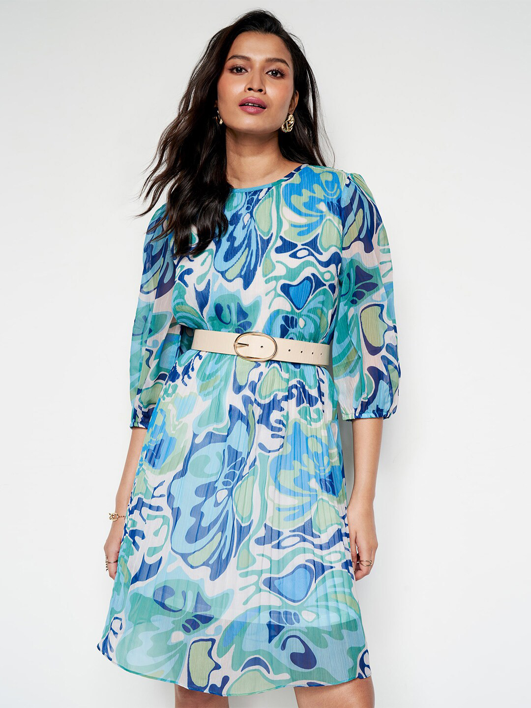 

AND Abstract Printed Puff Sleeves A-Line Dress, Blue