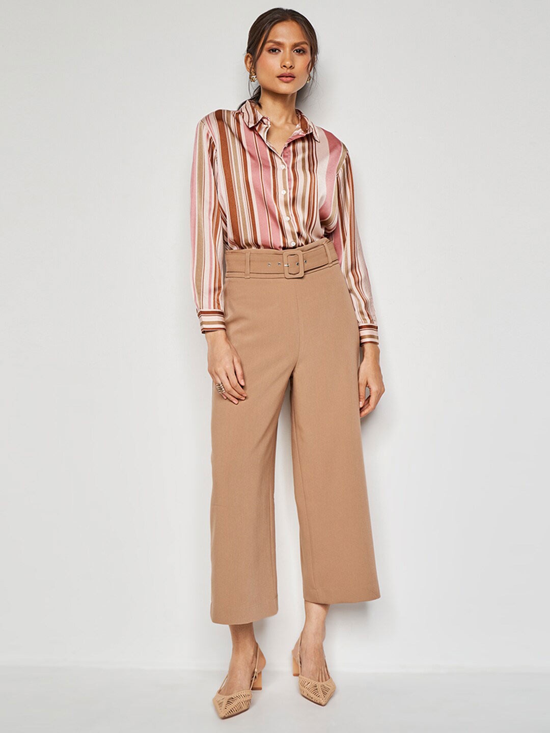 

AND Vertical Striped Shirt Style Top, Beige