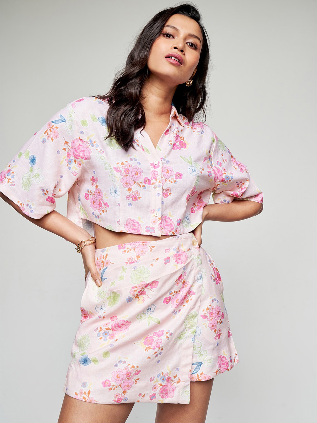 

AND Women Floral Printed Shirt With Skorts, Pink