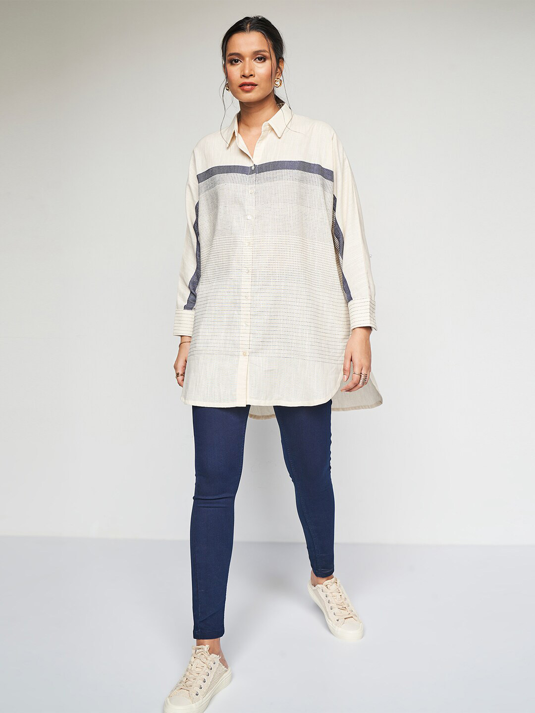 

AND Striped Extended Sleeves Cotton Shirt Style Longline Top, Cream
