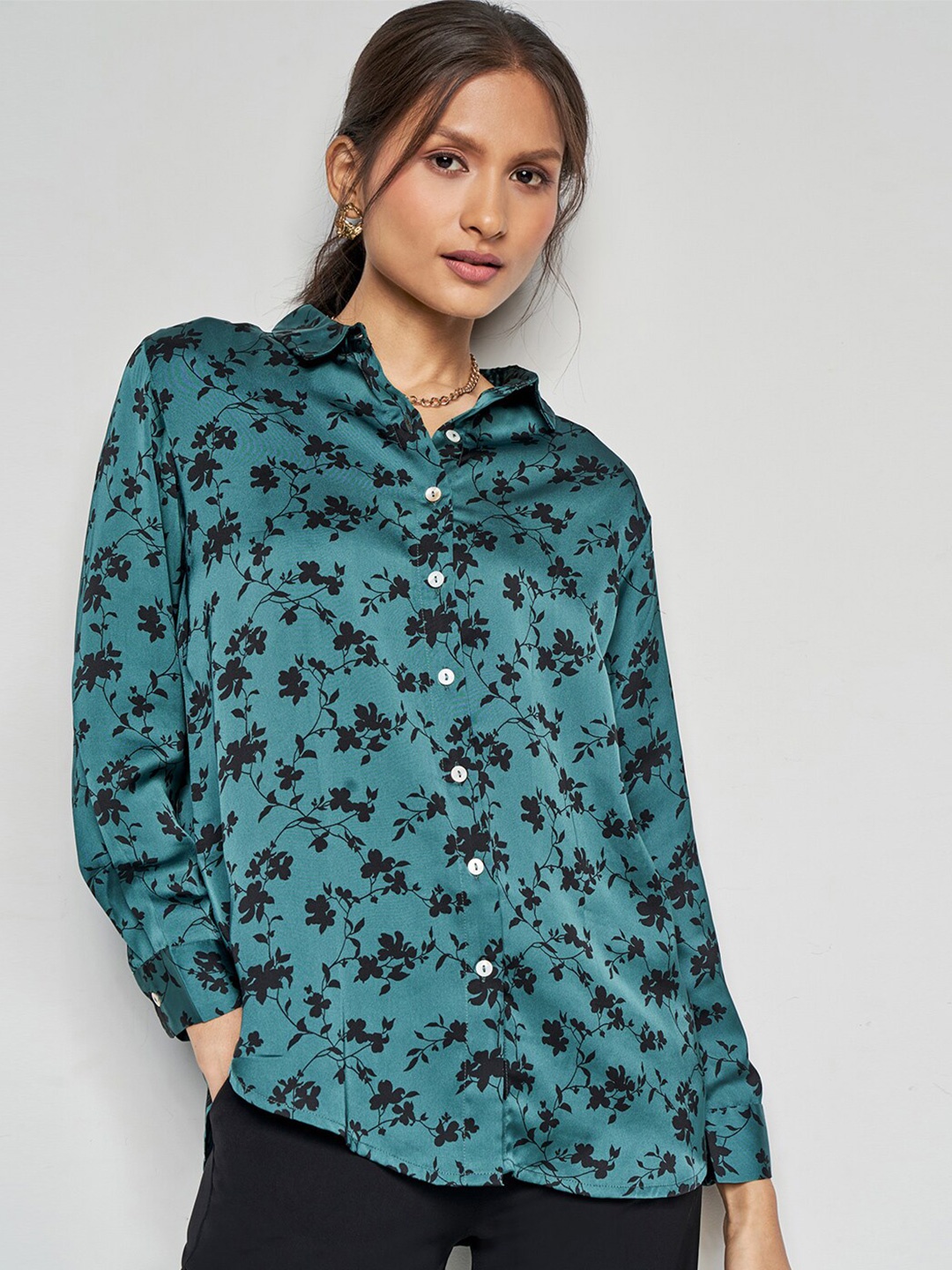 

AND Floral Print Shirt Collar Cuffed Sleeves Shirt Style Top, Green