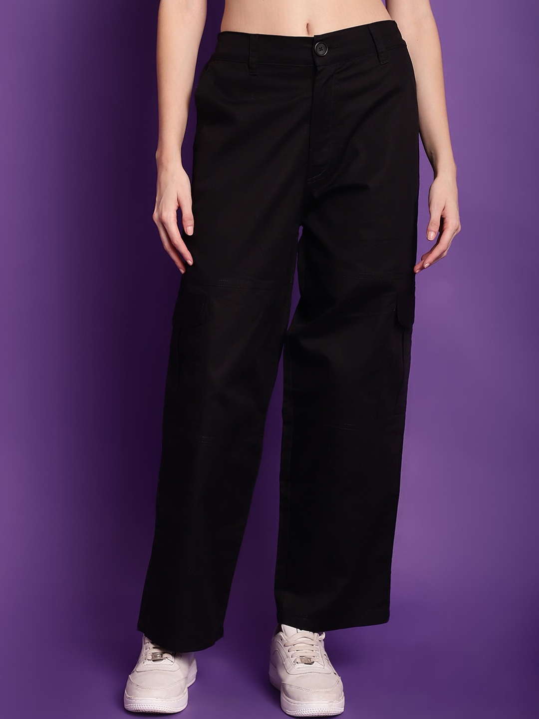 

TAG 7 Women Relaxed Straight Leg Straight Fit High-Rise Trousers, Black