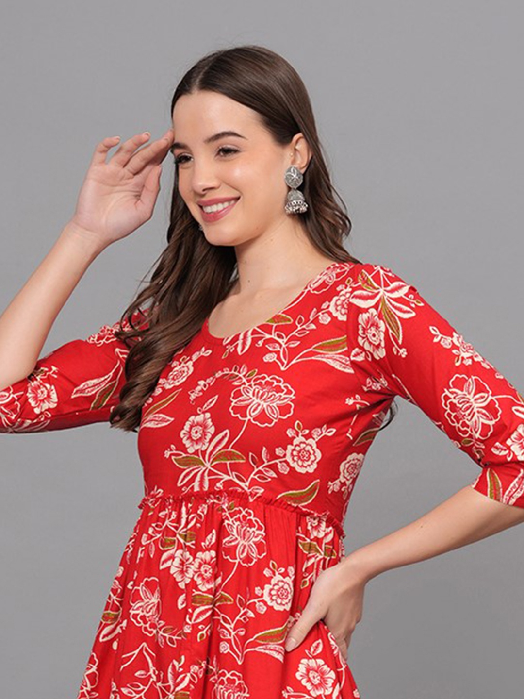 JAHIDA COMFORT WITH STYLE Floral Print A-Line Cotton Midi Dress, Red