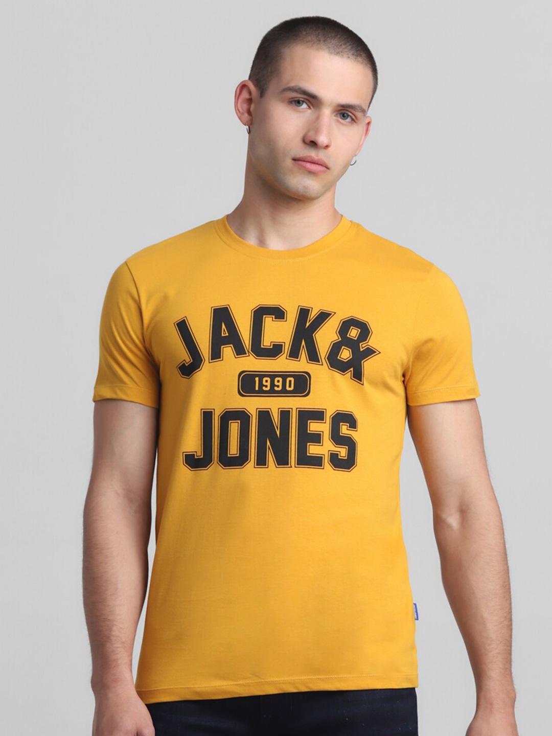 Jack & Jones Typography Printed Crew Neck Cotton Slim Fit T-shirt, Yellow