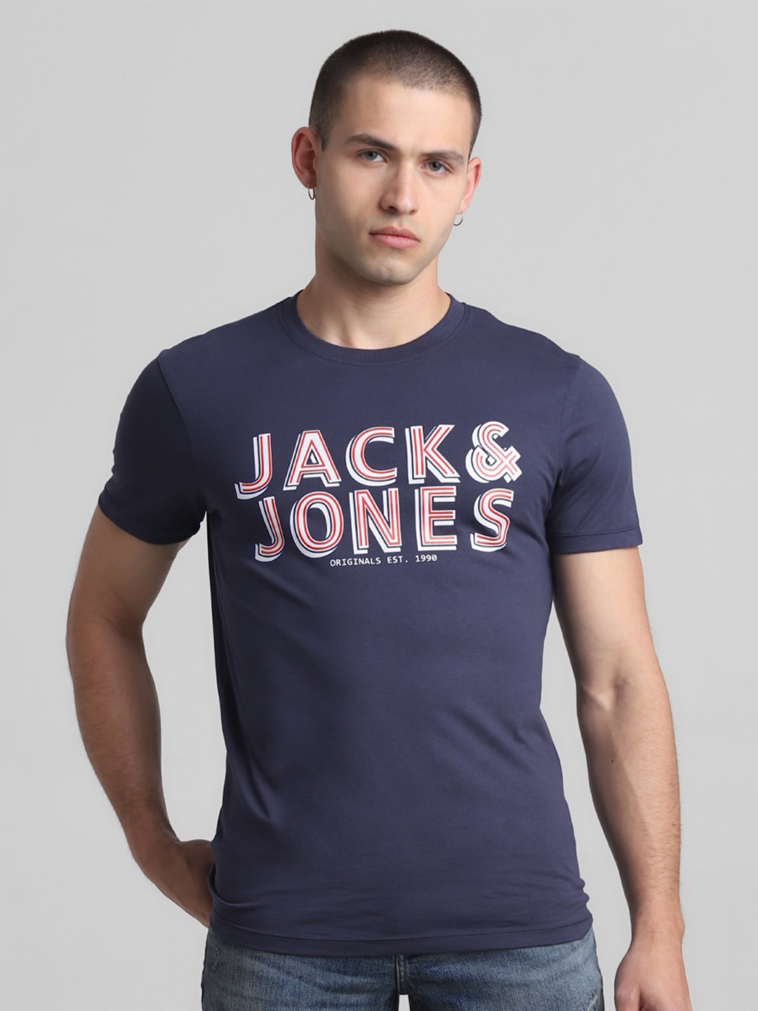 

Jack & Jones Brand Logo Printed Slim Fit Pure Cotton T-shirt, Navy blue