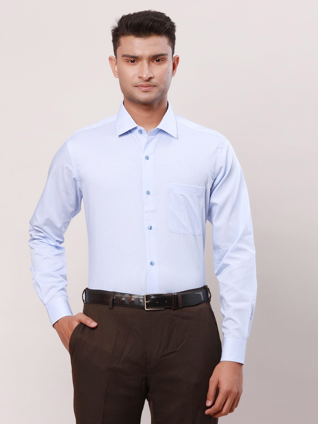 

Raymond Contemporary Fit Pinstriped Long Sleeves Cotton Formal Shirt, Blue